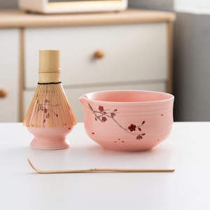 Hand-painted Plum Blossom Ceramic Matcha Bowl with Bamboo Whisk and Chasen Holder Pink Matcha Tea Ceremony Set 450ml