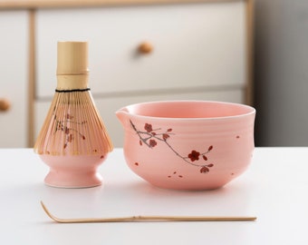 Hand-painted Plum Blossom Ceramic Matcha Bowl with Bamboo Whisk and Chasen Holder Pink Matcha Tea Ceremony Set 450ml