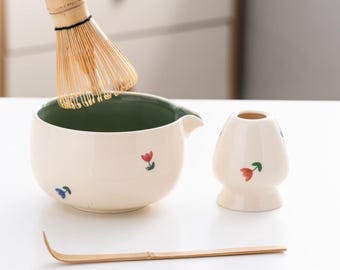 Flower Ceramic Matcha Bowl with Bamboo Whisk and Chasen Holder White Matcha Tea Ceremony Set 500ml