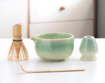 Green Glazed Matcha Set Jade Ceramic Matcha Bowl Set | Japanese Tea Tools for Mindful Rituals | Gradient Matcha Gift Set 450ml