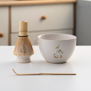 Hand-painted Cute Duck Ceramic Matcha Bowl with Bamboo Whisk and Chasen Holder White Matcha Tea Ceremony Set 420ml