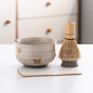 Minimalist Ceramic Matcha Whisk Set with Bamboo Whisk and Chasen Holder, Vintage Ceramic Bowl Set for Matcha Lovers
