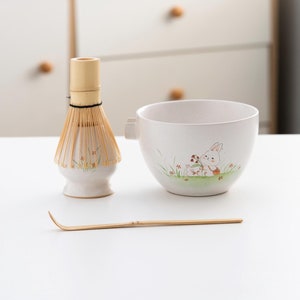 Hand-painted White Bunny Ceramic Matcha Bowl Set with Bamboo Whisk and Chasen Holder  White Matcha Whisk Set 420ml