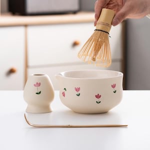 Hand-painted Flower Ceramic Matcha Bowl with Bamboo Whisk and Chasen Holder Beige Matcha Bowl Set Handcrafted Chawan 450ml