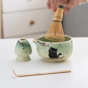 手描きの猫抹茶碗セット、竹製茶筅と茶筅ホルダー付き、セラミックグラデーショングリーン抹茶茶筅セット450ml