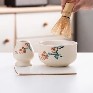 Hand-painted Flower Ceramic Matcha Bowl with Bamboo Whisk and Chasen Holder Beige Matcha Tea Ceremony Set 450ml
