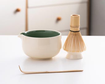 Ceramic Matcha Bowl Set, Bamboo Whisk and Holder, Tea Ceremony