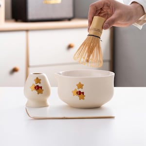 Hand-painted Fish with Stars Ceramic Matcha Bowl with Bamboo Whisk and Chasen Holder Beige Matcha Tea Ceremony Set 450ml