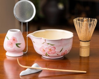 Hand-painted Pink Flower Ceramic Matcha Bowl with Whisk and Chasen Holder Pink Matcha Bowl Set Japanese Chawan Matcha Gift Set 600ml