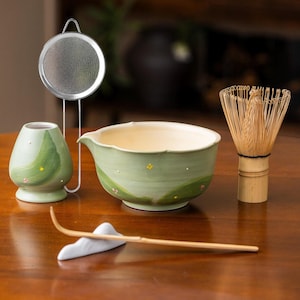 Hand-painted Wonderful Forest Ceramic Matcha Bowl with Whisk and Chasen Holder Green Matcha Bowl Set Japanese Chawan Matcha Gift Set 320ml
