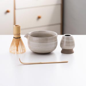 Minimalist Ceramic Matcha Whisk Set with Bamboo Whisk and Chasen Holder, Vintage Ceramic Bowl Set for Matcha Lovers
