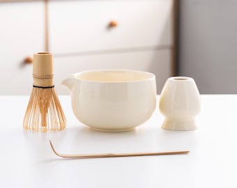 Minimalist Beige Ceramic Matcha Bowl with Bamboo Whisk and Chasen Holder Japanese Tea Ceremony Beige Matcha Gift Set 450ml