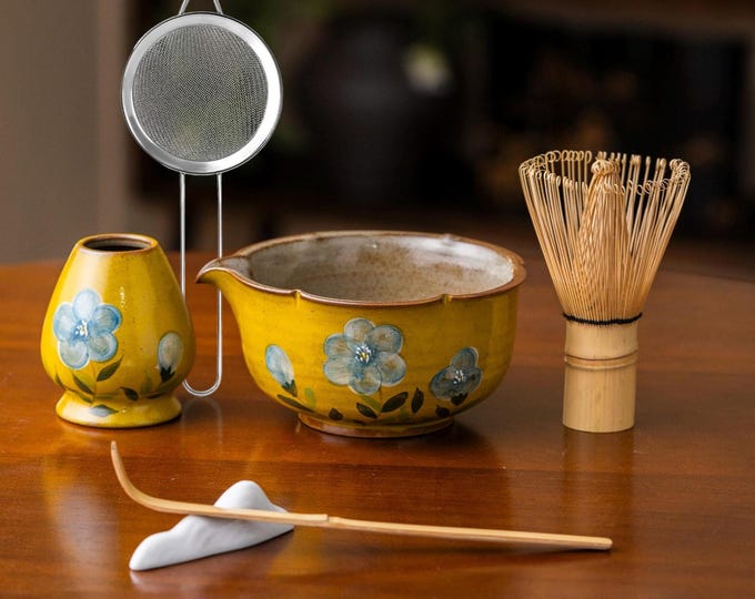 Hand-glazed Ceramic Matcha Bowl Set, Japanese Floral Tea Ceremony Gift