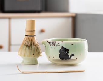 Set di ciotole per matcha a forma di gatto dipinte a mano con frusta in bambù e porta chasen, set di fruste per matcha in ceramica verde sfumato da 450 ml
