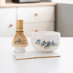 Hand-painted Ceramic Matcha Whisk Set with Bamboo Whisk and Chasen Holder Ink Painting White Matcha Bowl Set Gift For Father