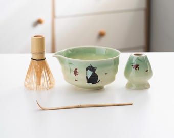 Matcha Bowl Set Cute Cat Hand Painted Ceramic Japanese Tea Ceremony Kit with Bamboo Whisk