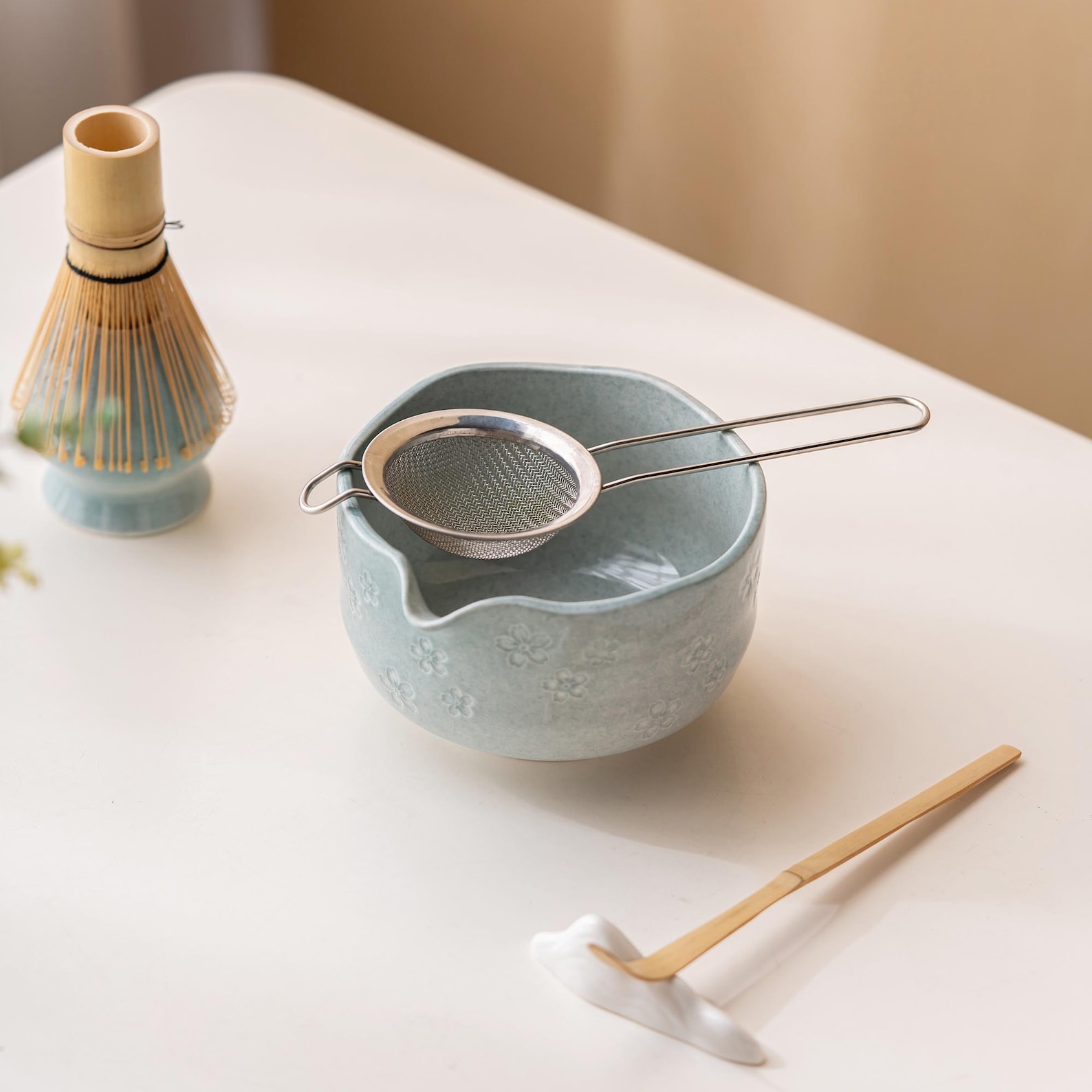 Handmade Sakura Light Blue Matcha Bowl Set - Japanese Tea Ceremony Katakuchi Kit Whisk