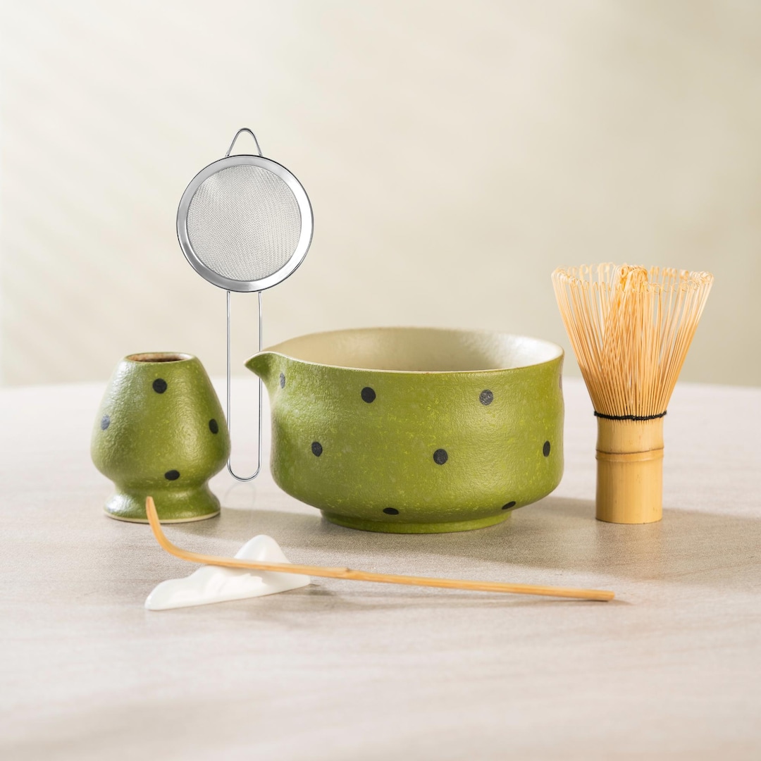 Green Polka Dot Matcha Bowl Set – Complete Tea Ceremony Kit - Full Matcha Set
