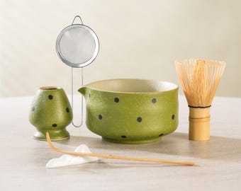 Green Polka Dot Matcha Bowl Set – Complete Tea Ceremony Kit