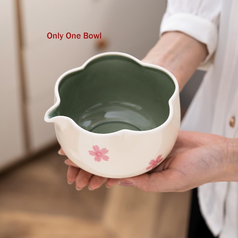 Matcha Bowl Set Cherry Blossom Handmade Ceramic Japanese Tea Ceremony Kit with Bamboo Whisk Blossom Bowl (Green)