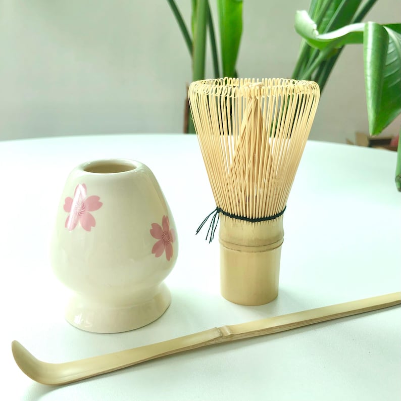 Matcha Bowl Set Cherry Blossom Handmade Ceramic Japanese Tea Ceremony Kit with Bamboo Whisk Holder+Whisk+Scoop