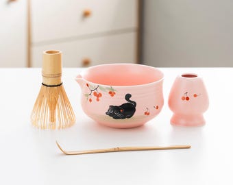 Handmålad svart katt keramisk matcha vispset med bambu visp och chasen hållare rosa matcha skålset 450ml