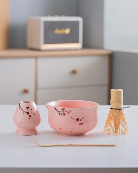 Set Matcha In Ceramica Rosa Con Gatto: Ciotola 17oz, Frusta In Bambù E Portafrusta, Paletta - Kit Da Tè Giapponese Completo