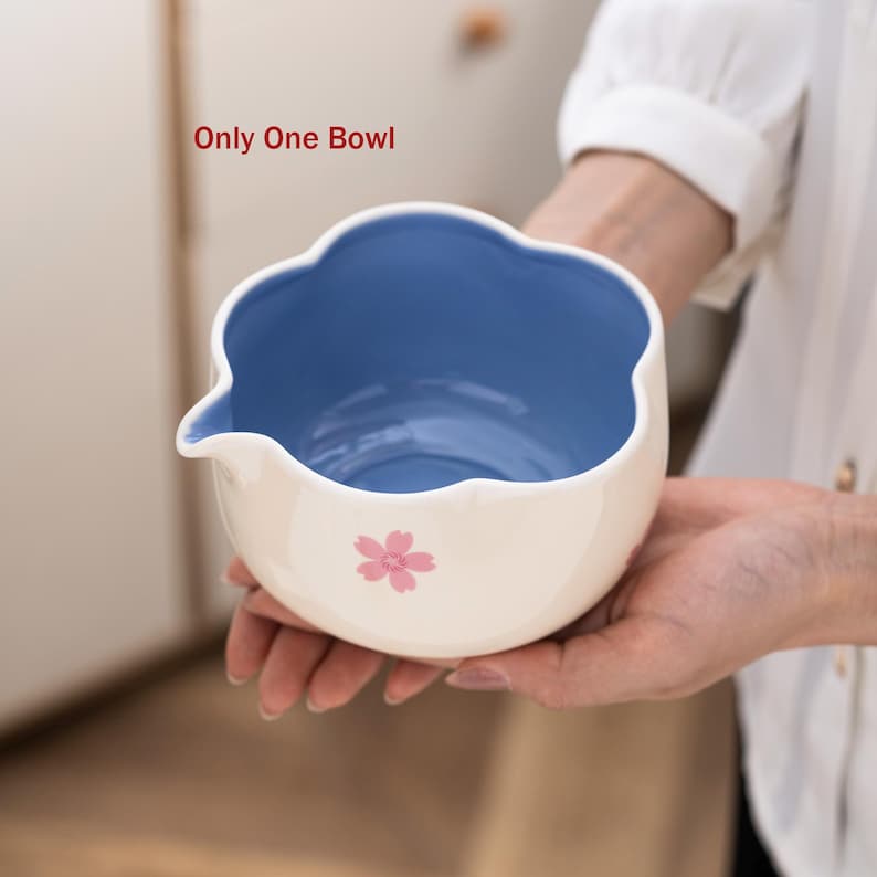 Matcha Bowl Set Cherry Blossom Handmade Ceramic Japanese Tea Ceremony Kit with Bamboo Whisk Blossom Bowl(Blue)