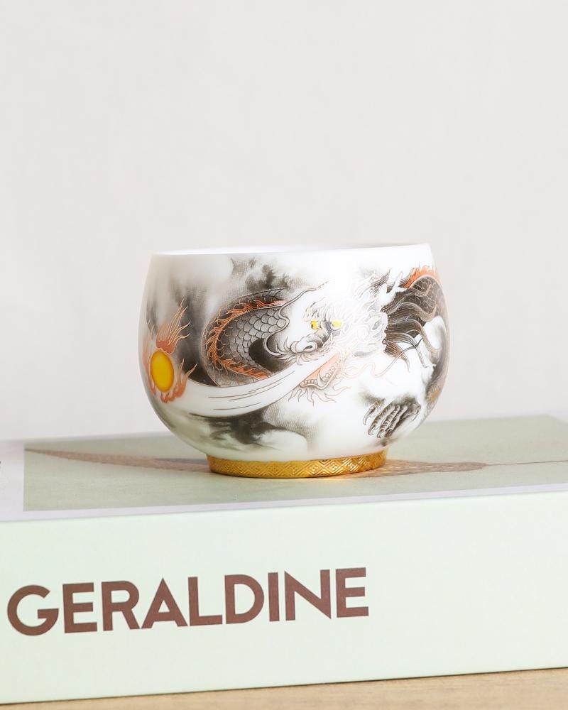 陶器製ドラゴン急須とカップセット 金龍窯 金彩桜 茶器セット(木箱付)