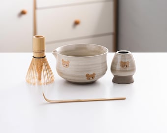 Matcha Bowl Set Cute Bear Handmade Ceramic Japanese Tea Ceremony Kit with Bamboo Whisk