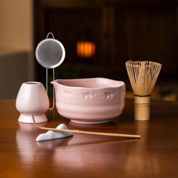 Matcha Whisk Set - 6 Piece Japanese Matcha Tea Kit With Bowl, Bamboo Whisk, Scoop, Sifter & Stand (Pink)