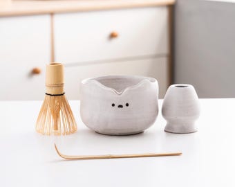 Ensemble de bols à matcha | Joli kit à matcha en céramique peint à la main avec fouet, cuillère