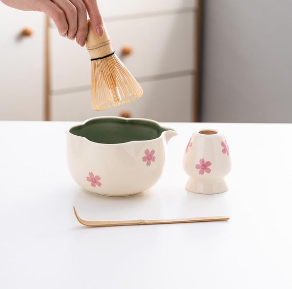 Matcha Bowl Set Cherry Blossom Handmade Ceramic Japanese Tea Ceremony Kit with Bamboo Whisk
