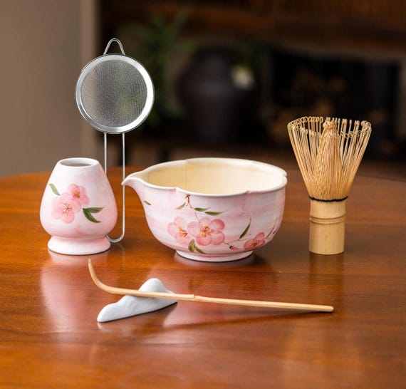 Matcha-Tee-Set Aus Keramik – Inkl. Schale, Bambusbesen, Sieb & Löffel, Pink, Für Zu Hause