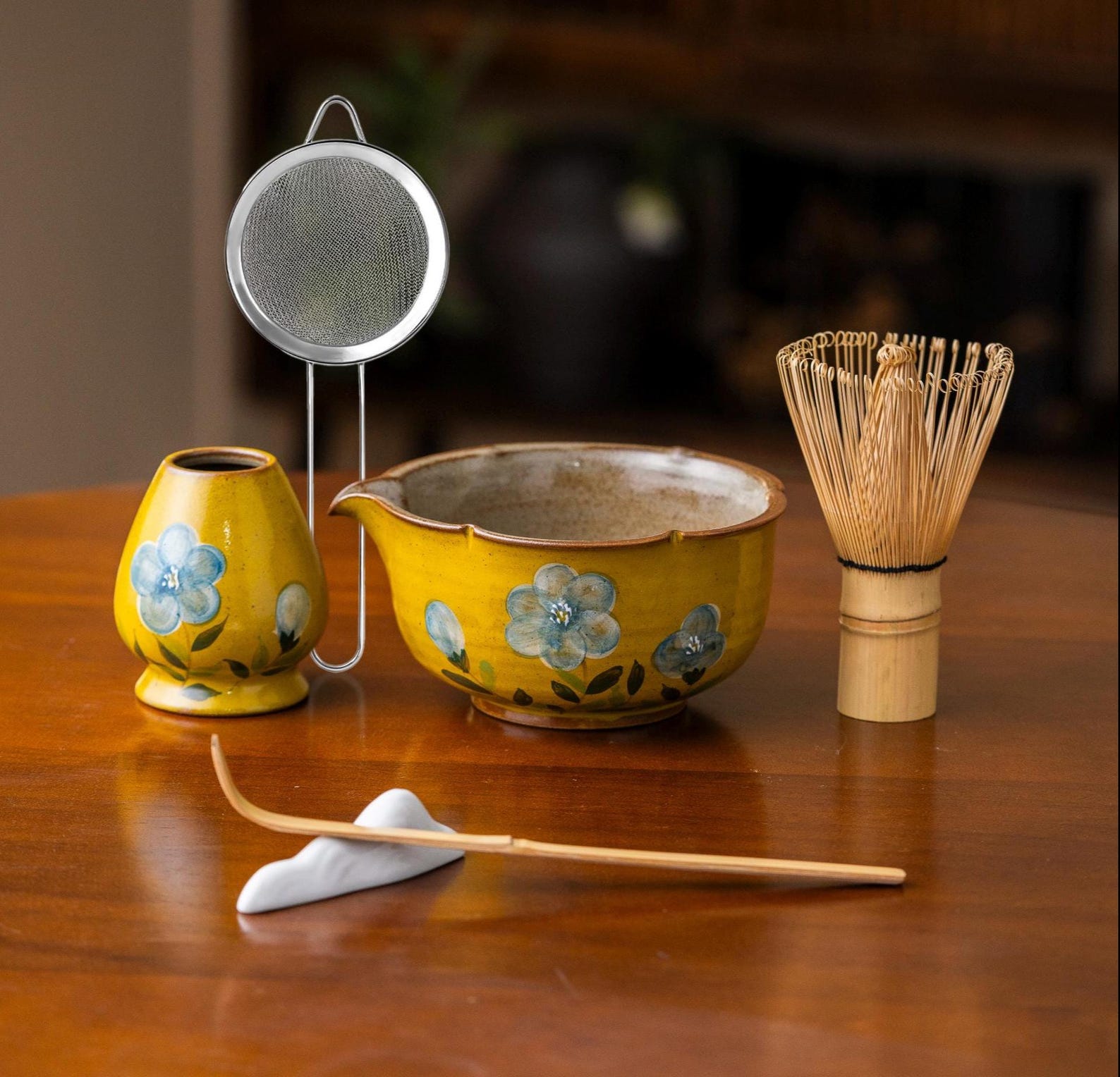 Hand-glazed Ceramic Matcha Bowl with Hand-painted Flower Bamboo Whisk, Chasen Holder and Sifter Matcha Bowl Set Japanese Gift Set