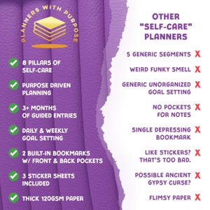 May include: A purple background with text and graphics advertising a self-care planner. The left side lists features like 8 pillars of self-care, purpose-driven planning, and 3+ months of guided entries. The right side lists negative aspects of other planners.