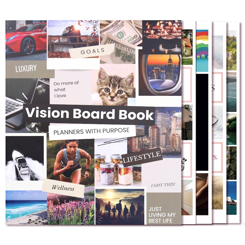 K&ouml;nnte beinhalten: Ein Vision Board Buch mit einer Collage von Bildern, darunter ein roter Sportwagen, ein K&auml;tzchen und ein L&auml;ufer. Die W&ouml;rter "Vision Board Book" und "Planners with Purpose" sind zu sehen. Weitere W&ouml;rter sind "Luxury", "Goals", "Lifestyle", "Wellness" und "Just Living My Best Life".