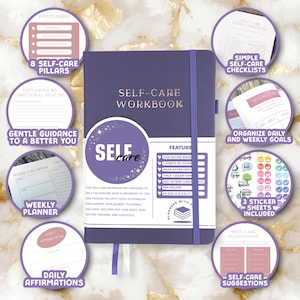 May include: A purple Self-Care Workbook with the title in gold lettering. The workbook includes features like a case-bound binder, sticker sheets, and a pen holder. It also has sections for weekly planning, daily affirmations, and self-care suggestions. The workbook measures 5.8 x 8.5 inches.