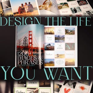 K&ouml;nnte beinhalten: Ein offenes Buch mit dem Text "DESIGN THE LIFE YOU WANT" und "1200+ IMAGES & PHRASES". Das Buch zeigt Bilder der Golden Gate Bridge, Reiseziele und inspirierende S&auml;tze. Die Worte "GIFT BOX INCLUDED" sind ebenfalls sichtbar.