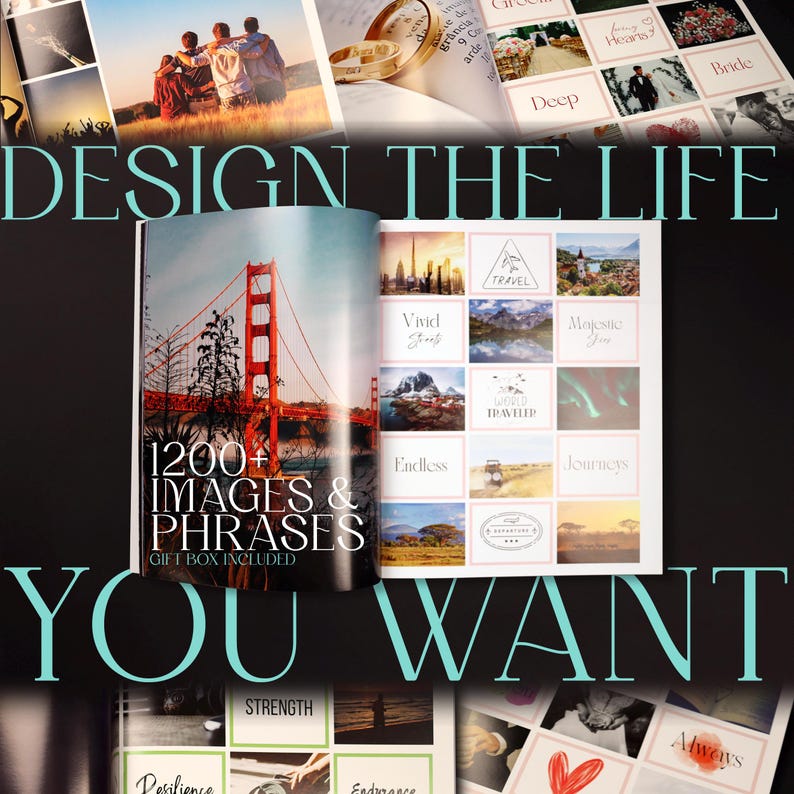 K&ouml;nnte beinhalten: Ein offenes Buch mit dem Text "DESIGN THE LIFE YOU WANT" und "1200+ IMAGES & PHRASES". Das Buch zeigt Bilder der Golden Gate Bridge, Reiseziele und inspirierende S&auml;tze. Die Worte "GIFT BOX INCLUDED" sind ebenfalls sichtbar.