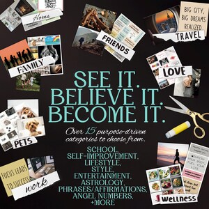 K&ouml;nnte beinhalten: Eine Collage auf schwarzem Hintergrund mit dem Text "SEE IT. BELIEVE IT. BECOME IT." und Kategorien wie "FAMILIE", "FREUNDE" und "REISEN". Enth&auml;lt Bilder, Text, eine Schere und Klebstoff.