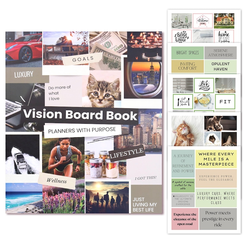 K&ouml;nnte beinhalten: Ein Vision Board Buch mit verschiedenen Bildern und Texten. Die Bilder zeigen einen roten Sportwagen, ein K&auml;tzchen, Geld, Kerzen, eine Skyline und einen L&auml;ufer. Texte sind "Vision Board Book", "Goals", "Luxury", "Wellness" und "Lifestyle".