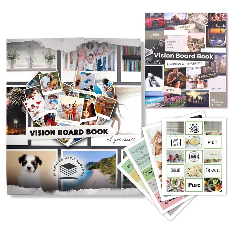 K&ouml;nnte beinhalten: Ein Vision Board Buch mit dem Titel "Vision Board Book" und dem Satz "Planners with Purpose". Das Buch zeigt eine Collage von Bildern, darunter ein Welpe, Familienfotos und inspirierende Zitate. Zus&auml;tzliche Seiten mit Wellness- und Lifestyle-Themen sind enthalten.