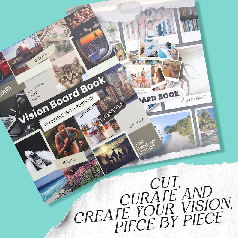 K&ouml;nnte beinhalten: Zwei offene Vision Board B&uuml;cher mit verschiedenen Bildern und Texten. Ein Buch tr&auml;gt den Titel "Vision Board Book" mit dem Untertitel "Planners with Purpose". Das andere Buch tr&auml;gt den Titel "Board Book". Der Text "Cut, Curate and Create Your Vision, Piece by Piece" steht unten.