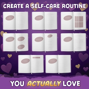May include: A collection of open journals with pink accents and text, arranged on a purple background with heart-shaped decorations. The journals feature prompts for self-care routines. The text at the top reads "CREATE A SELF-CARE ROUTINE" and at the bottom "YOU ACTUALLY LOVE."