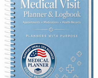 Può includere: Un'agenda medica a spirale color azzurro con testo bianco che recita Medical Visit Planner & Logbook, Appointments, Medications, Health Records e Planners With Purpose. Un badge circolare mostra la bandiera degli Stati Uniti e Medical Planner.