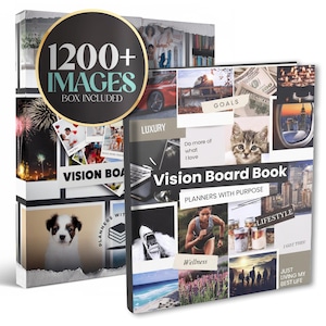 May include: A vision board book with the text "Vision Board Book" and "Planners With Purpose". The cover features images related to goals, lifestyle, and wellness. A box set includes over 1200 images.