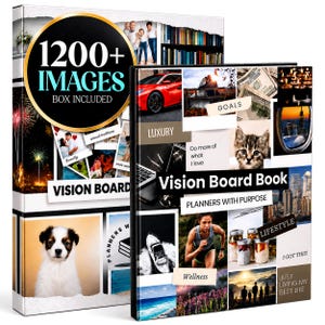 May include: A Vision Board Book featuring a collage of images including a red sports car, a kitten, a boat, and cityscapes. The cover displays the text Vision Board Book, Planners with Purpose, and 1200+ Images Box Included, alongside various lifestyle photos.