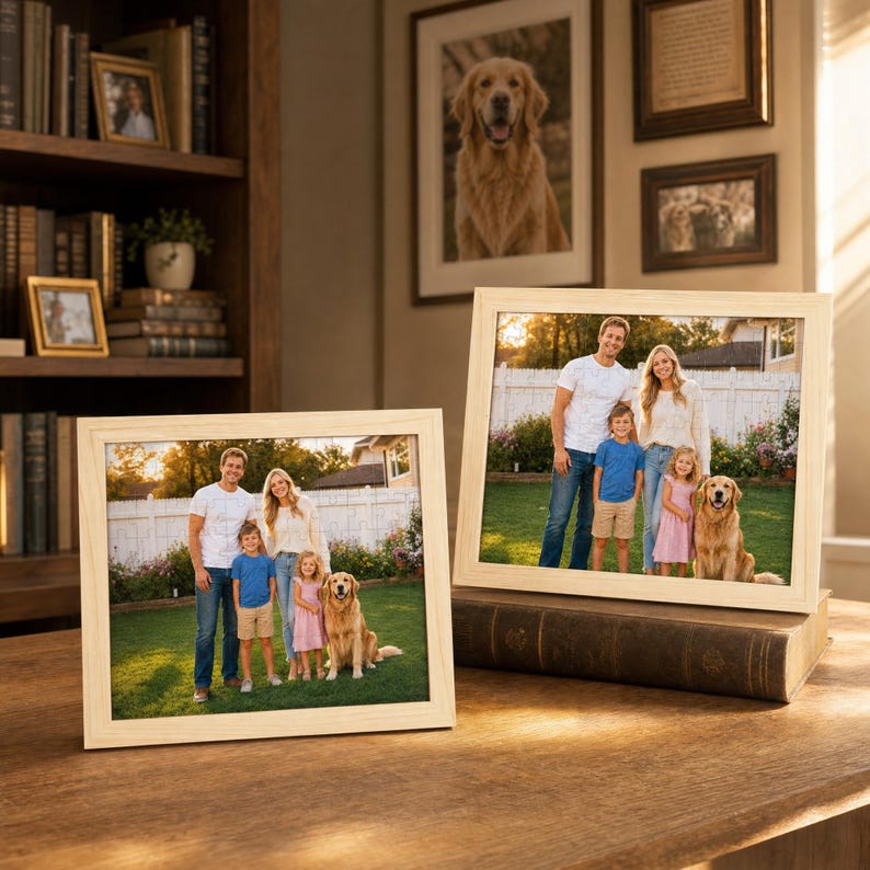 Puede incluir: Dos marcos de fotos de madera clara que muestran fotograf&iacute;as id&eacute;nticas de una familia de cuatro personas y un golden retriever de pie sobre un c&eacute;sped verde frente a una valla blanca. Los marcos est&aacute;n sobre una superficie de madera.