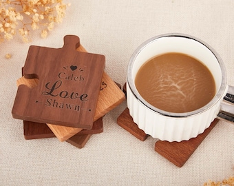Personalised Couples Coaster Set, Engraved Jigsaw Wooden Coaster, Wood Anniversary Wedding Gift,Custom Coasters Set,Wood Coaster